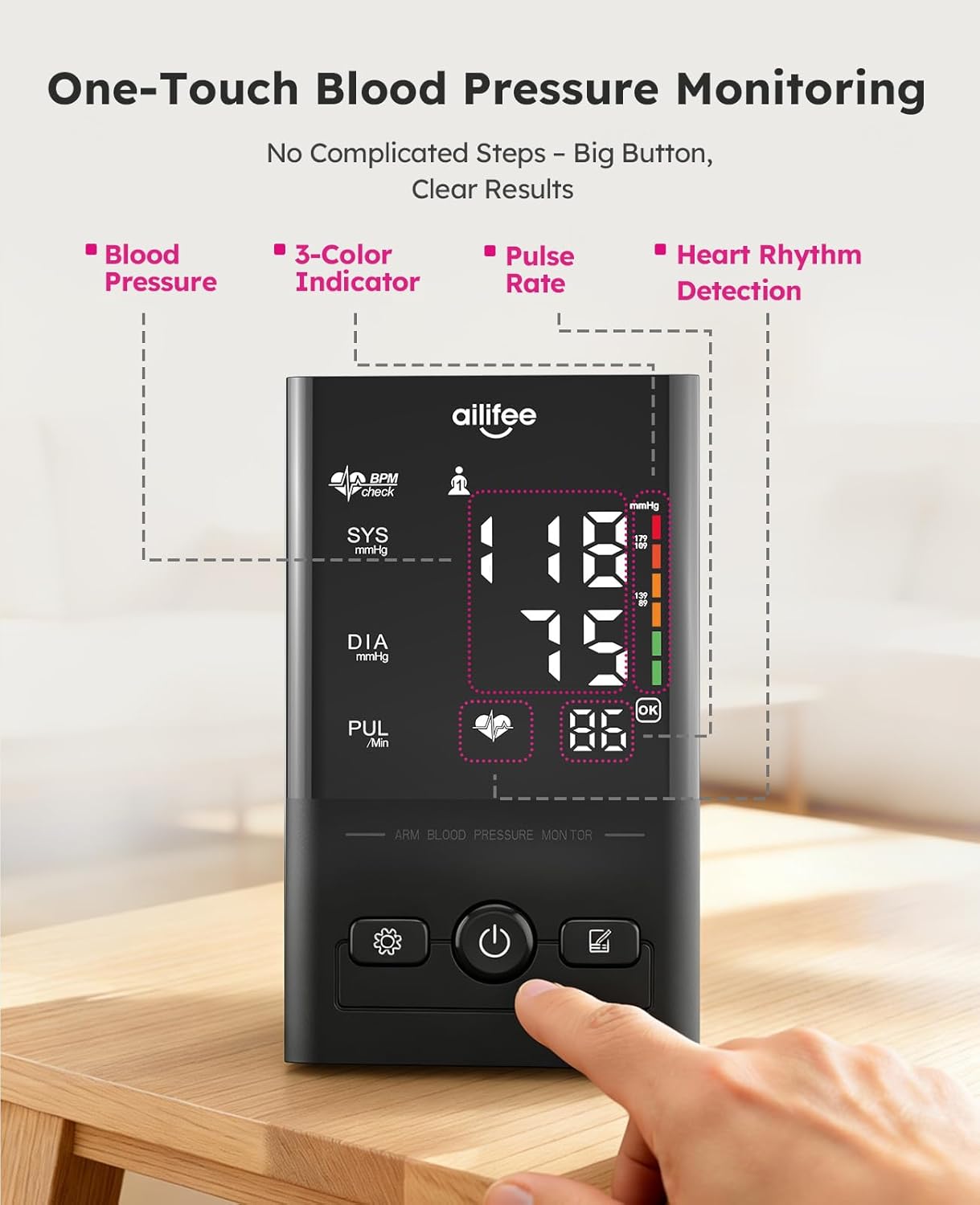 AILIFEE U392 | Professional Blood Pressure Monitor with Irregular Heartbeat Detection, Voice Broadcast & 3-Color LED Indicator