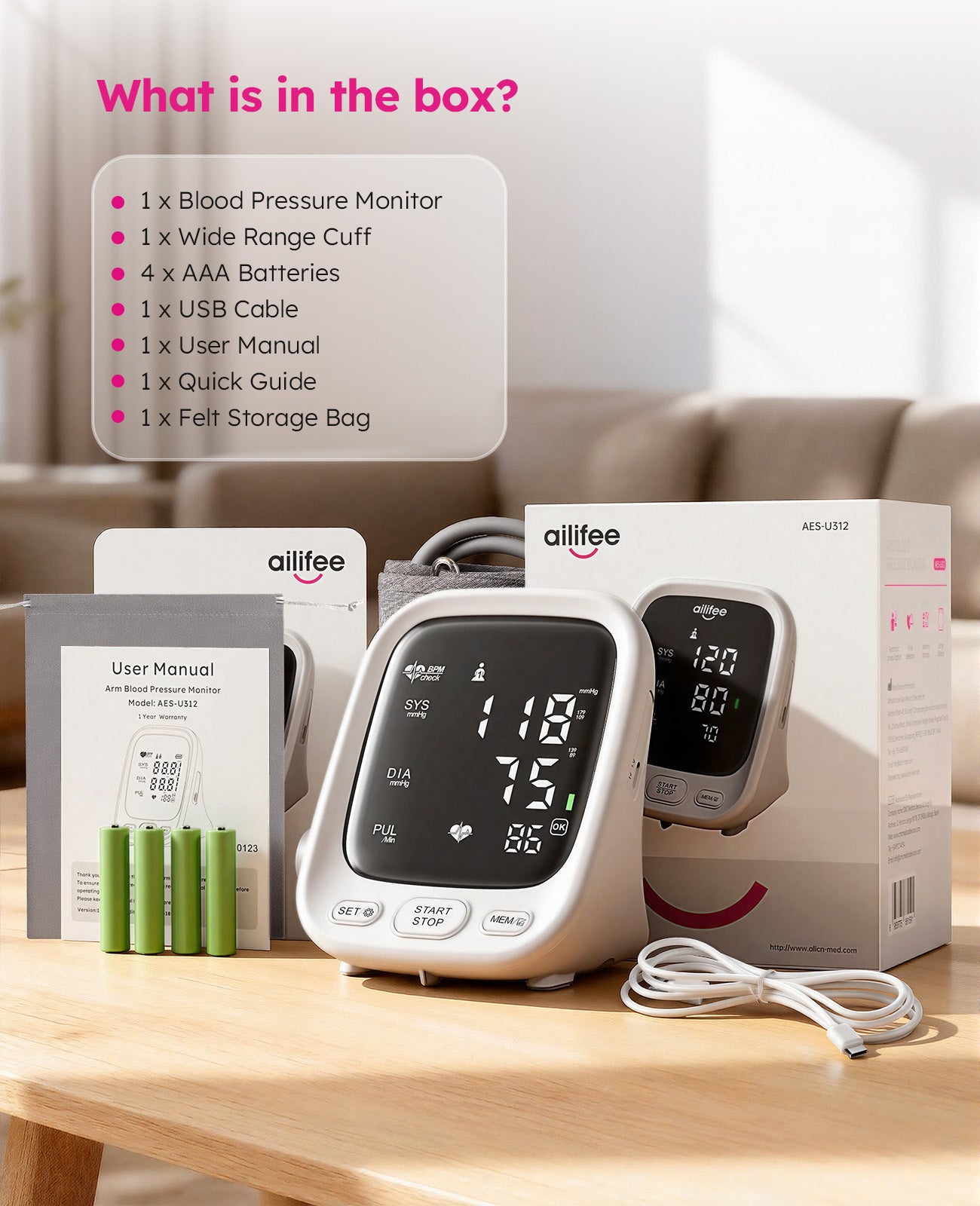AILIFEE U312 | Professional Voice-Guided Blood Pressure Monitor with 3-Color Backlit LED, Universal Wide Cuff & Dual-Power System