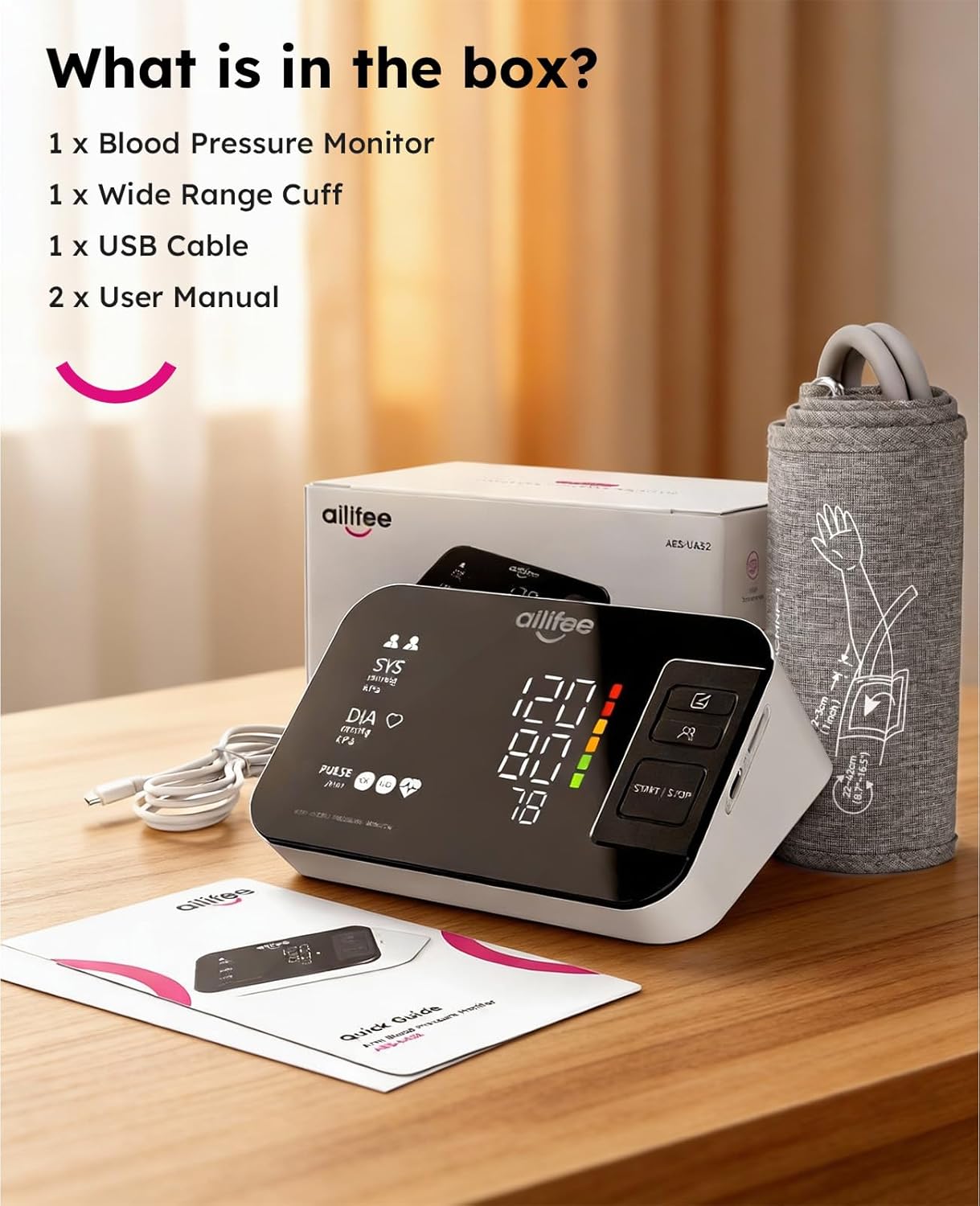 AILIFEE U632 | Rechargeable Blood Pressure Monitor with 16.5" Universal Cuff, 200-Use Battery Life, 3-Color LED & Voice Guidance