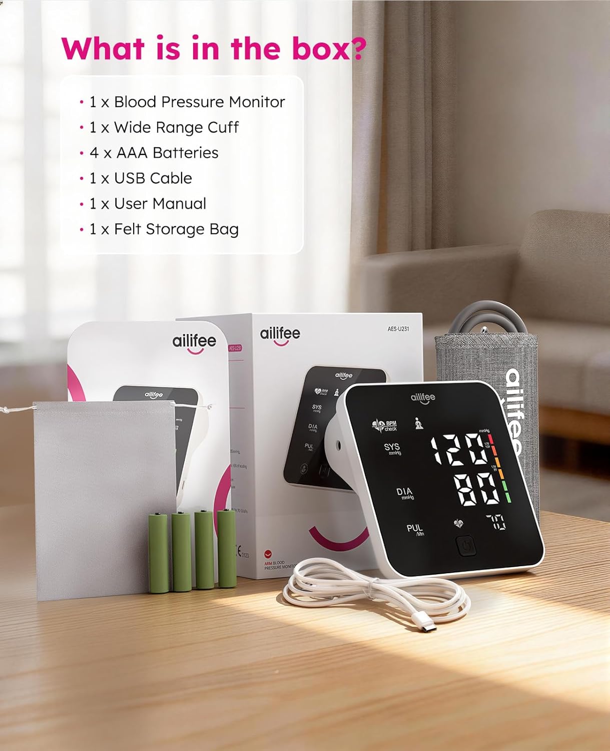 AILIFEE U231 | Voice-Guided Blood Pressure Monitor with 3-Color LED Backlight, 180-Memory Dual User Mode & Universal Wide Cuff
